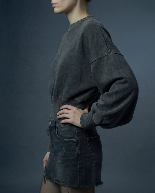 Pull court femme gris coton naturel manches ballon éco-responsable coton bio