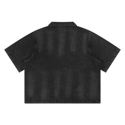 Chemise zippée noire de dos effet washed à manches courtes, avec visuel artistique signé Bandit représentant deux aigles, un symbole peace et des détails inspirés du drapeau américain.