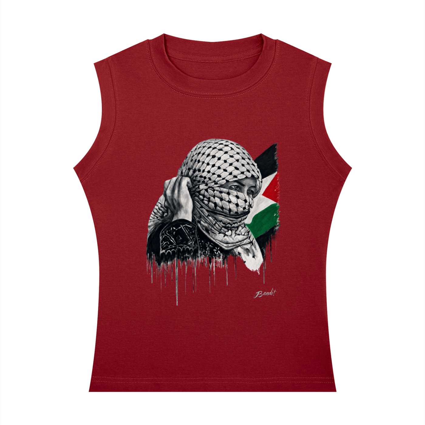 Débardeur col rond femme rouge avec l'œuvre Witness de Bandit, représentant une femme portant un keffieh devant le drapeau palestinien.