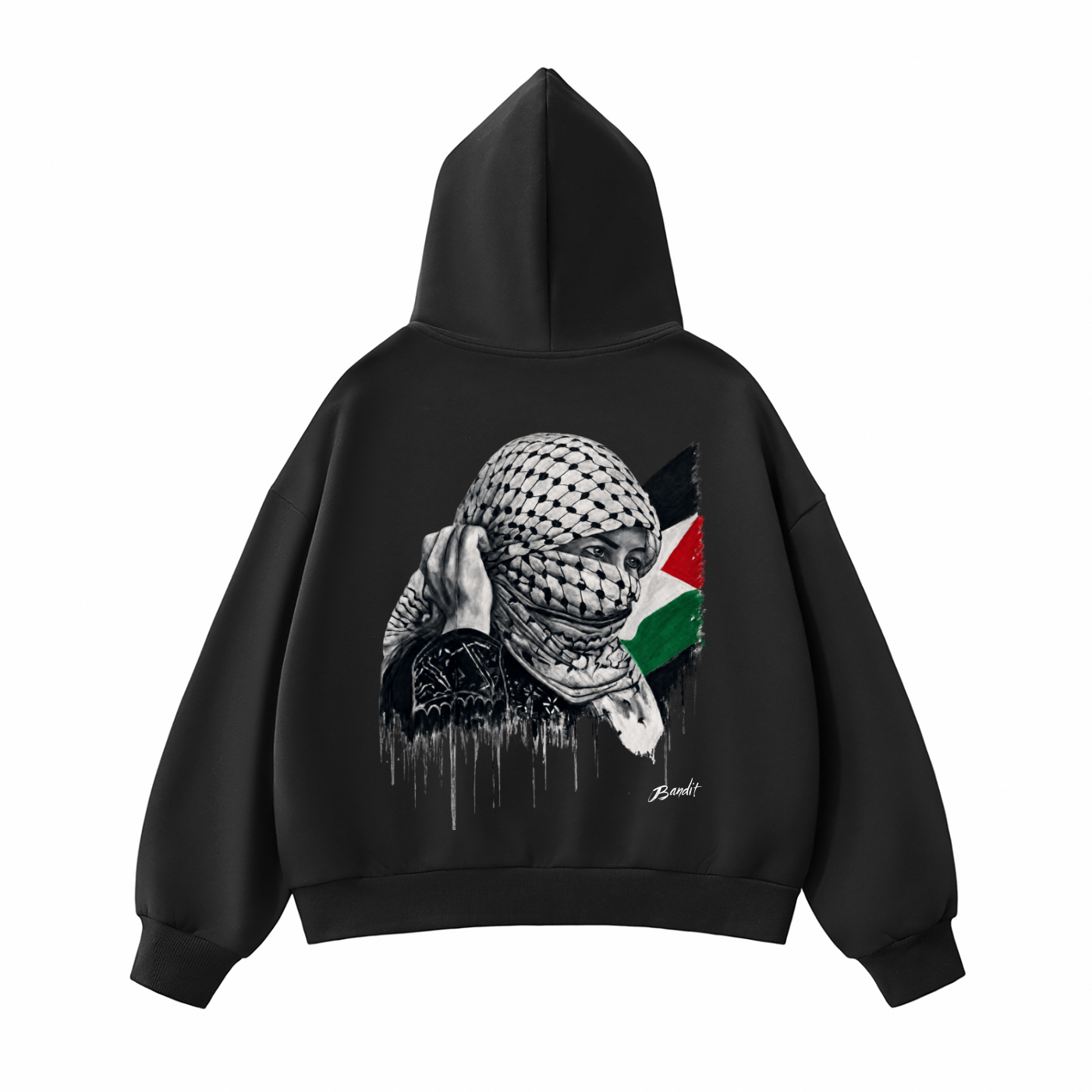 Hoodie Boxy zippé polaire homme avec l’œuvre Witness de Bandit, issue de sa série réalisée en Palestine. Dos