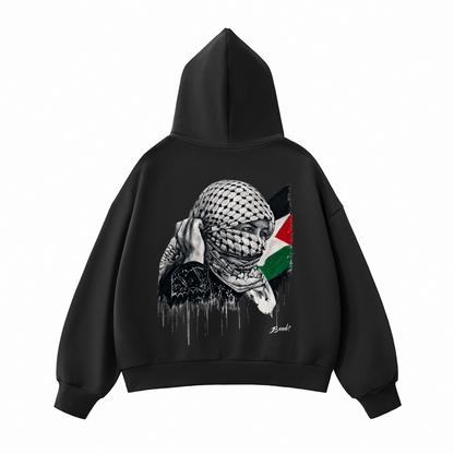 Hoodie Boxy zippé polaire homme avec l’œuvre Witness de Bandit, issue de sa série réalisée en Palestine. Dos