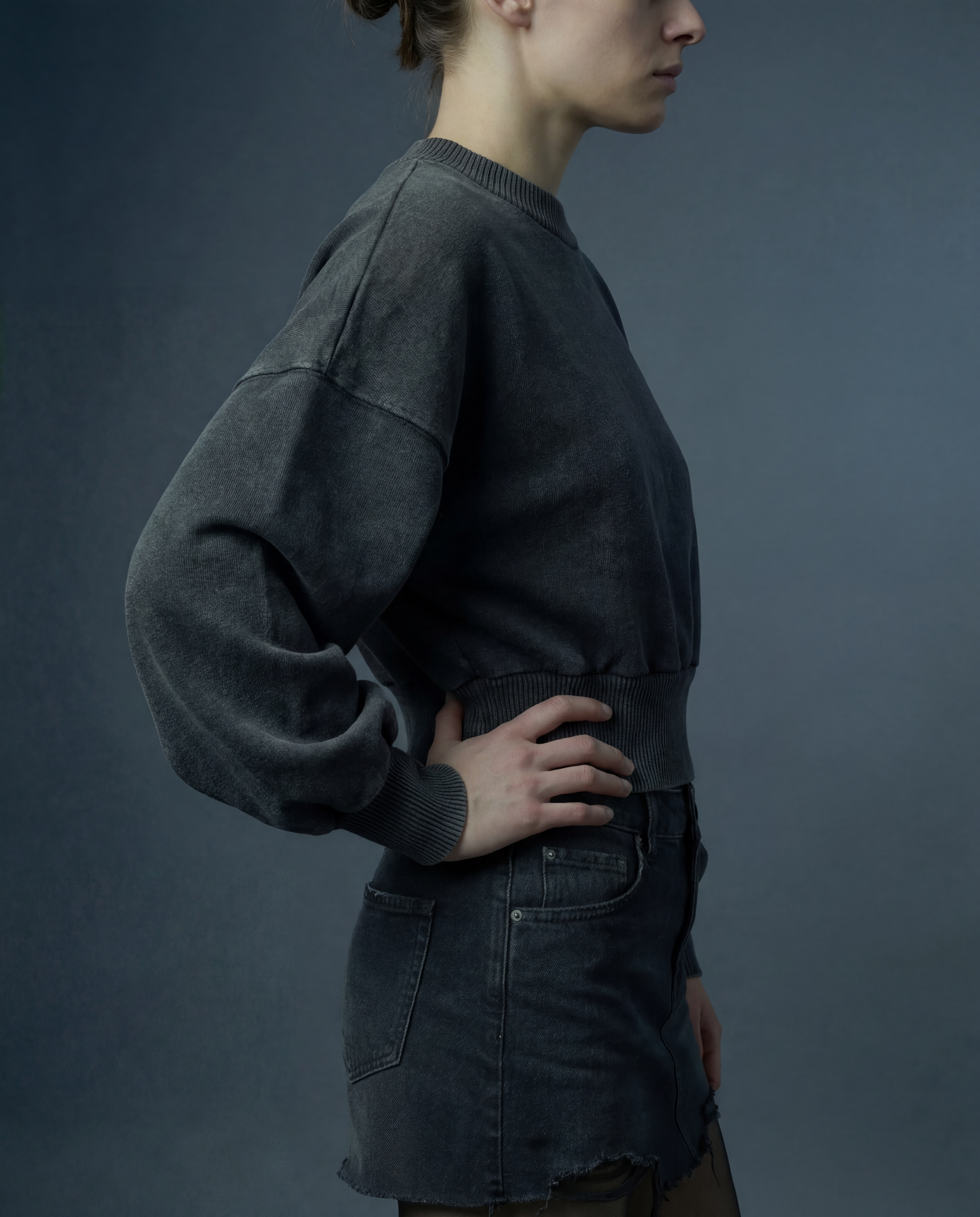 Pull court femme gris coton naturel manches ballon bio