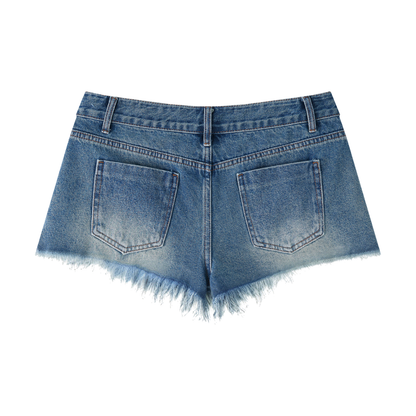 Short en denim Vintage Raw Hem femme avec l'œuvre Witness de Bandit, issue de sa série réalisée en Palestine. DOS