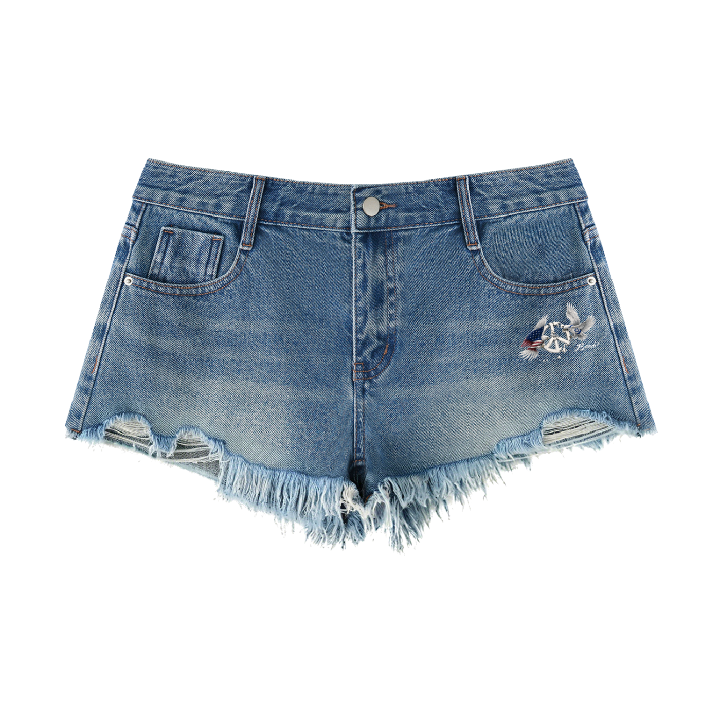 Short en denim Vintage Raw Hem femme avec l'œuvre Witness de Bandit, issue de sa série réalisée en Palestine.