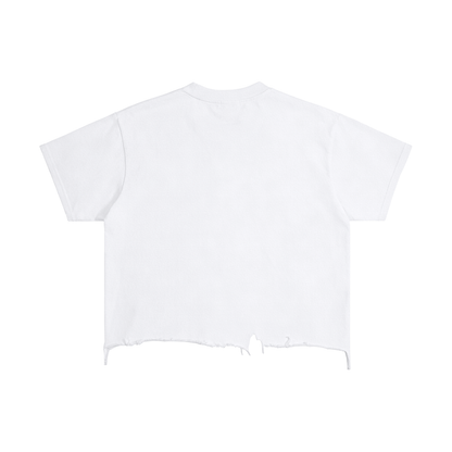 DOS T-shirt Boxy Vintage Wash Distressed Hem unisexe avec l'œuvre Witness de Bandit, représentant une femme portant un keffieh devant le drapeau palestinien.