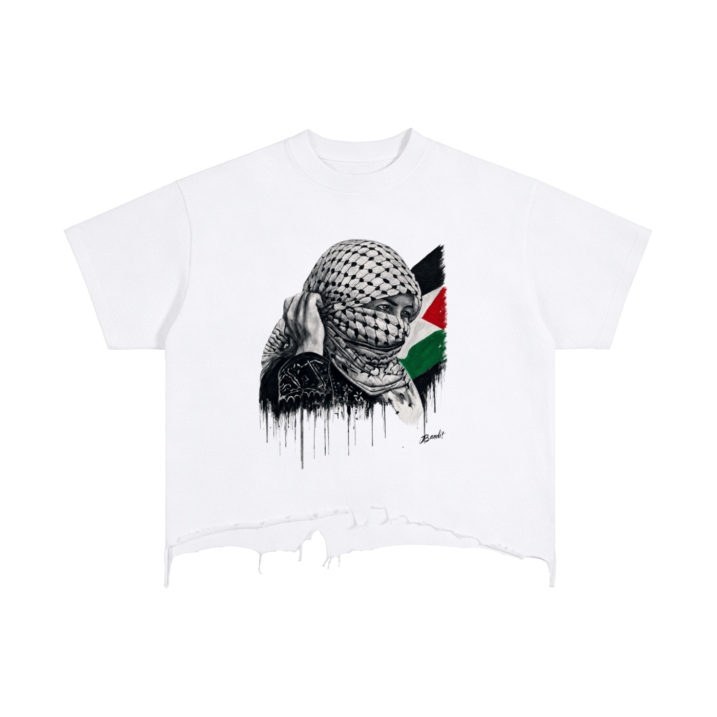 T-shirt Boxy Vintage Wash Distressed Hem unisexe avec l'œuvre Witness de Bandit, représentant une femme portant un keffieh devant le drapeau palestinien.