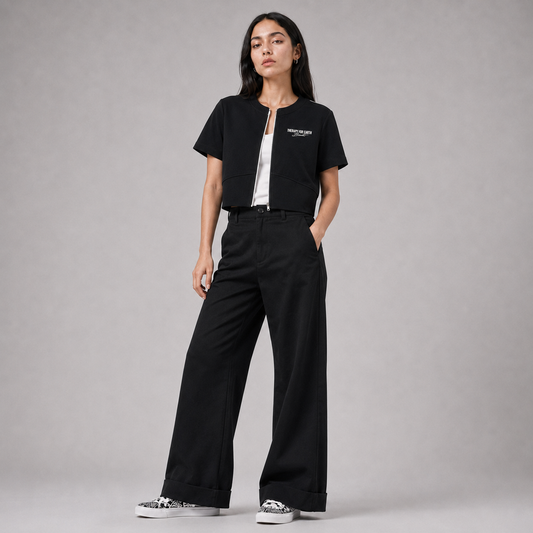 Femme portant le T-shirt Full Zip Witness de Bandit avec fermeture zippée et logo Therapy For Earth sur la poitrine, collection Therapy For Earth.
