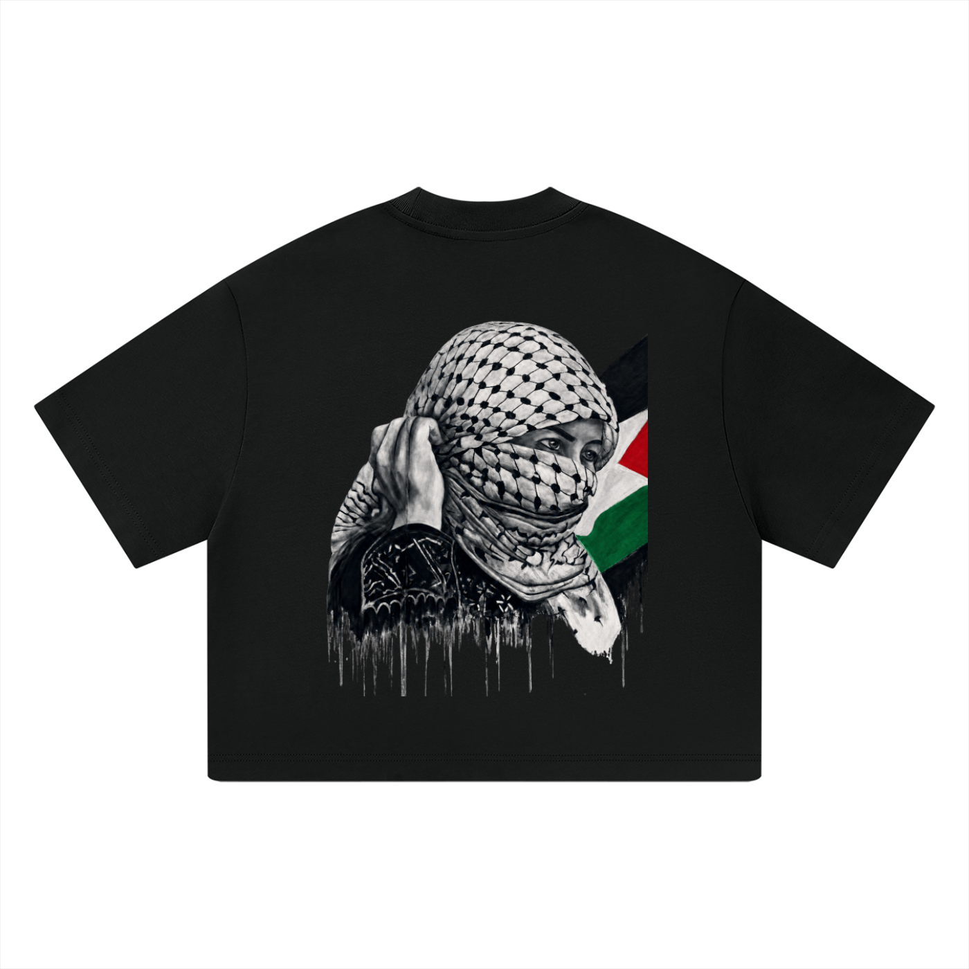 T-shirt Heavyweight Boxy unisexe avec l'œuvre Witness de Bandit, issue de sa série réalisée en Palestine. dos noir 