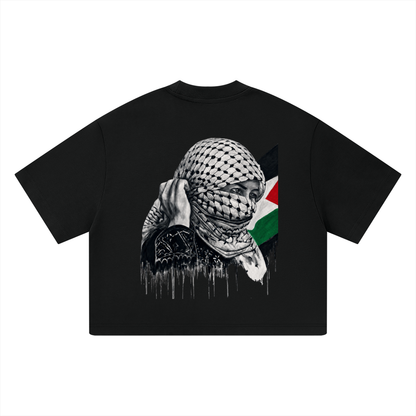 T-shirt Heavyweight Boxy unisexe avec l'œuvre Witness de Bandit, issue de sa série réalisée en Palestine. dos noir 