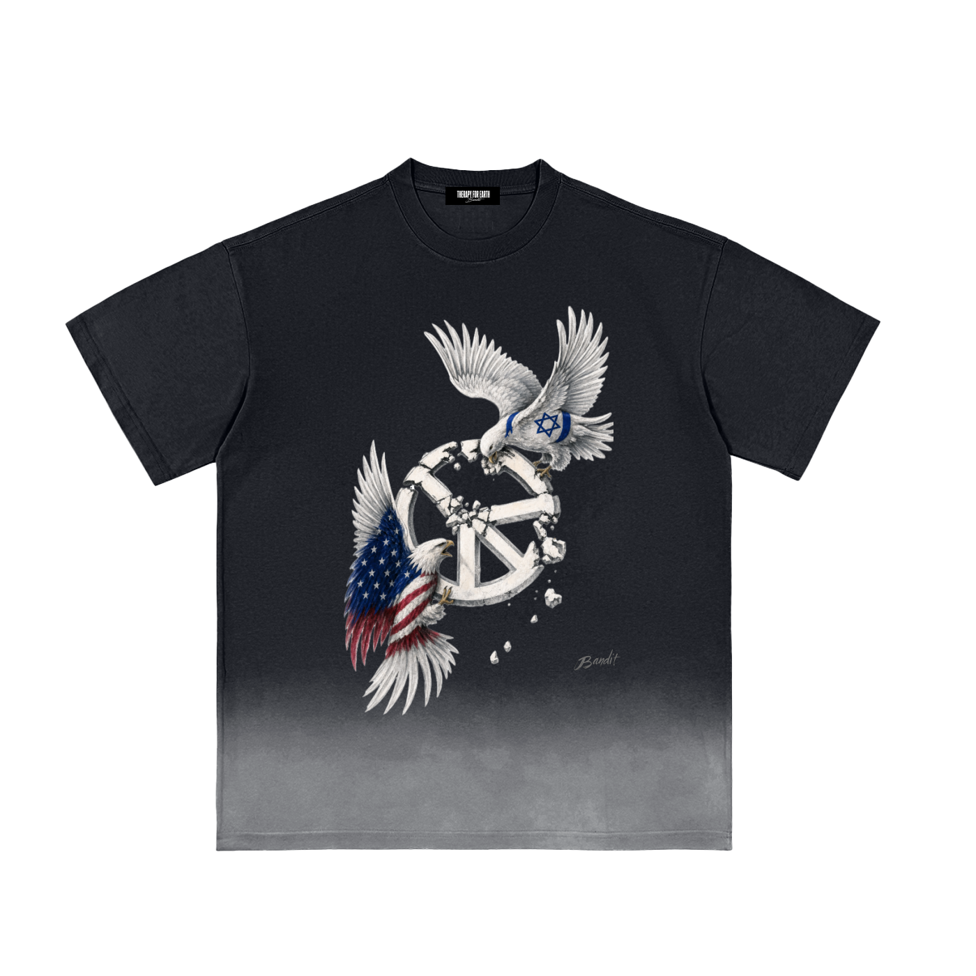 T-shirt Sunfade Vintage Washed noir de face avec illustration Peace in Ruins de Bandit.