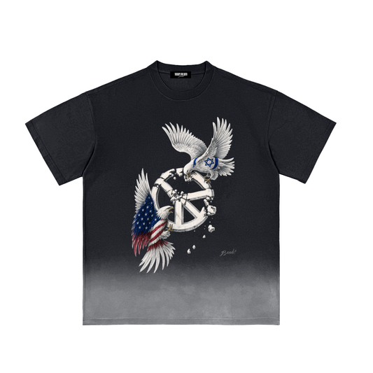 T-shirt Sunfade Vintage Washed noir de face avec illustration Peace in Ruins de Bandit.