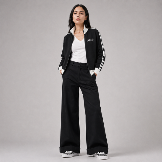 Femme portant la veste de survêtement Witness de Bandit noire avec fermeture zippée et bandes blanches, collection Therapy For Earth.
