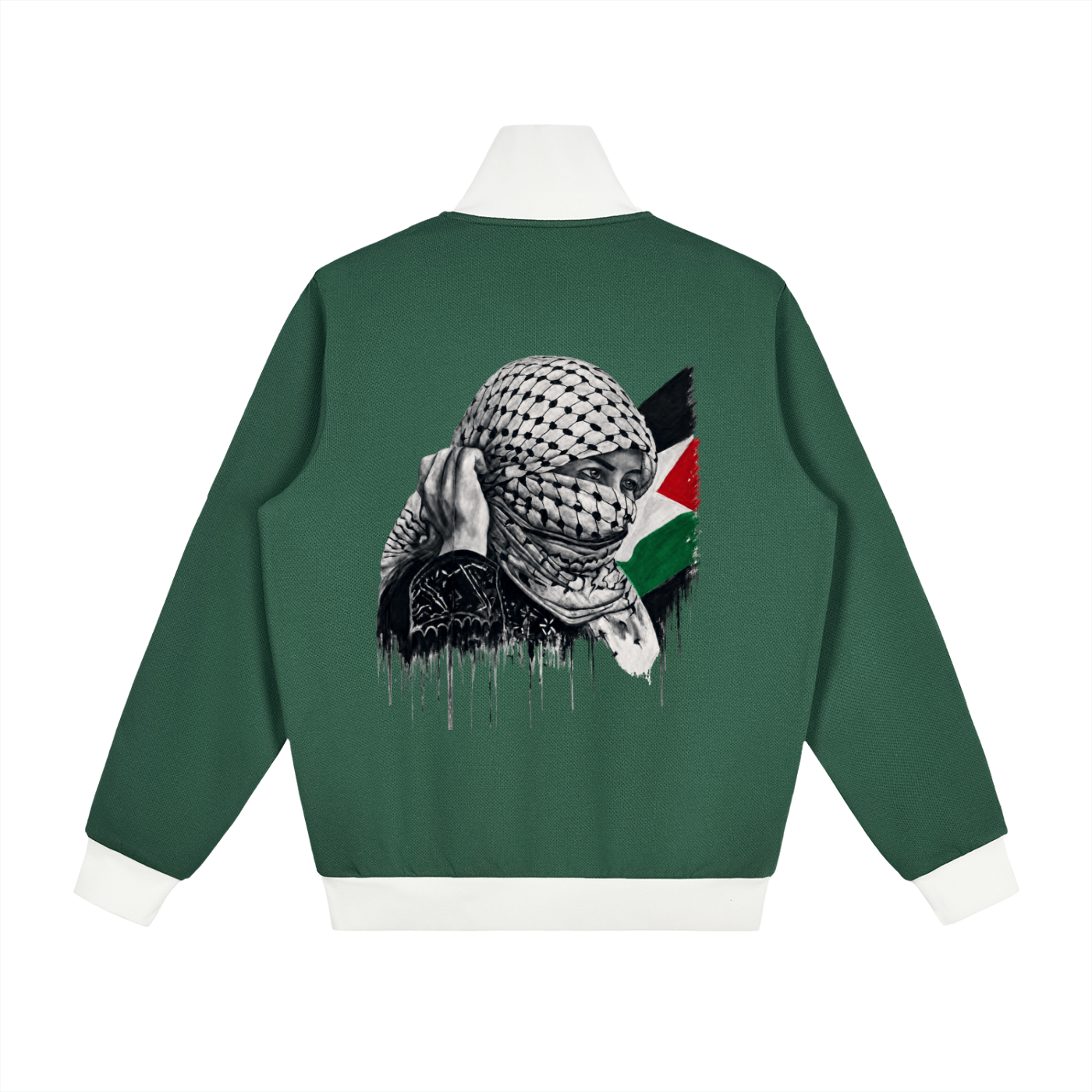 Veste de survêtement polaire unisexe avec l'œuvre Witness de Bandit, issue de sa série réalisée en Palestine. Dos Vert