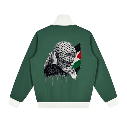 Veste de survêtement polaire unisexe avec l'œuvre Witness de Bandit, issue de sa série réalisée en Palestine. Dos Vert
