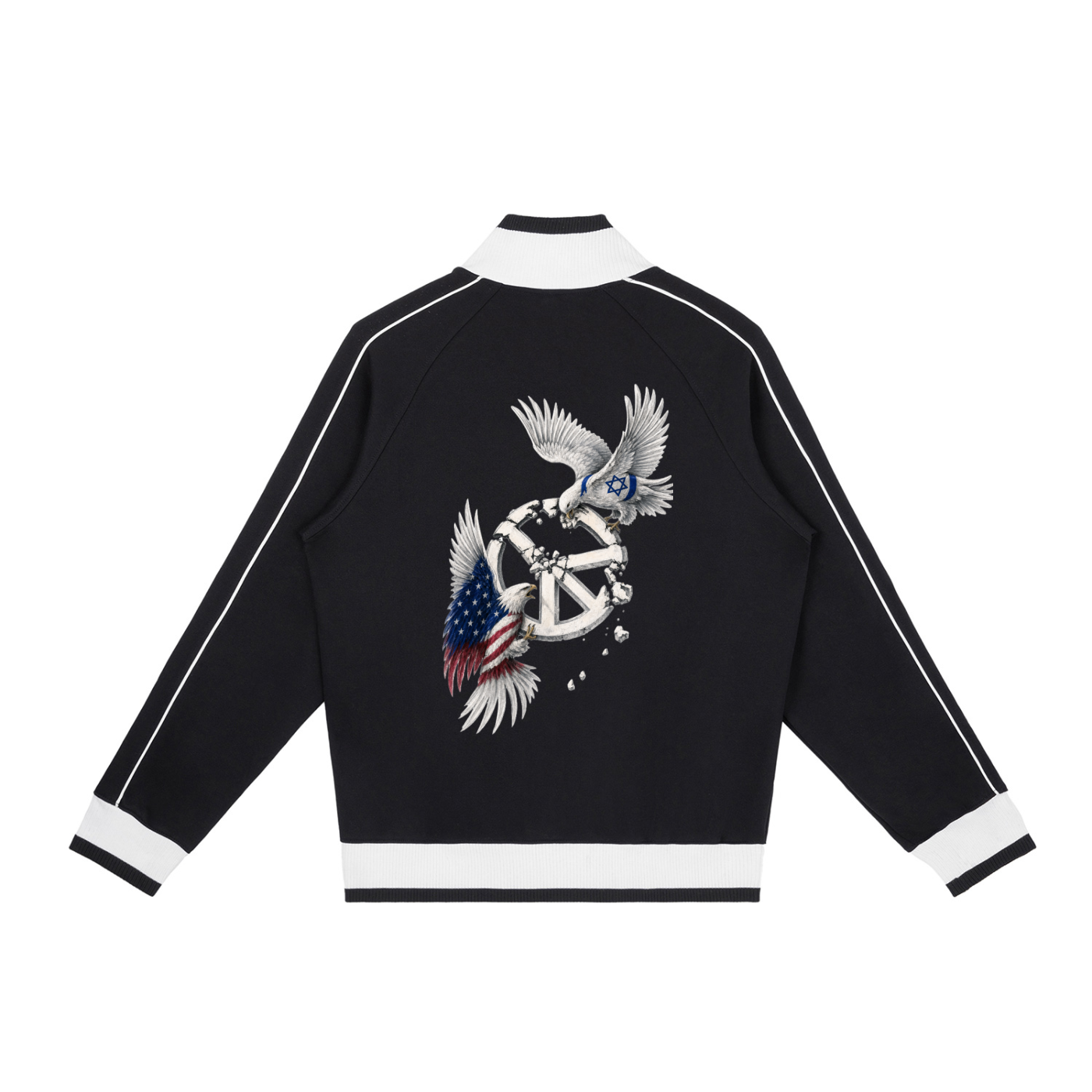 Veste de survêtement zippée raglan unisexe avec l’œuvre Peace in Ruins de Bandit représentant un aigle et une colombe autour d’un symbole de paix détruit. Dos noir 