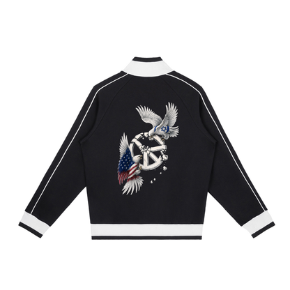 Veste de survêtement zippée raglan unisexe avec l’œuvre Peace in Ruins de Bandit représentant un aigle et une colombe autour d’un symbole de paix détruit. Dos noir 