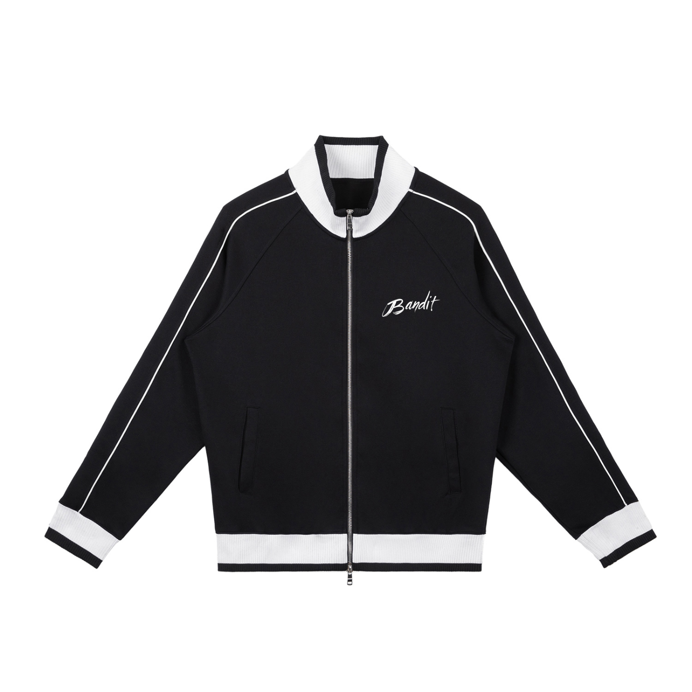 Veste de survêtement zippée raglan unisexe avec l’œuvre Peace in Ruins de Bandit représentant un aigle et une colombe autour d’un symbole de paix détruit. face noir