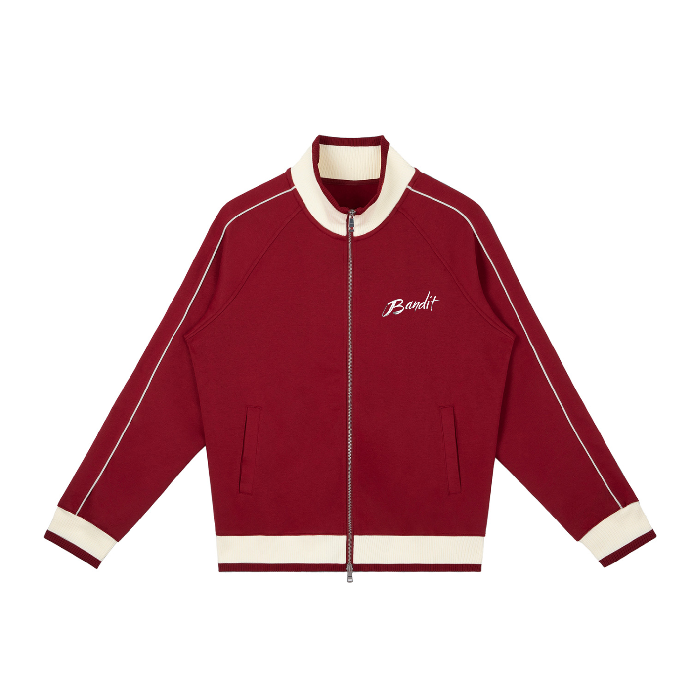 Veste de survêtement zippée raglan unisexe avec l’œuvre Peace in Ruins de Bandit représentant un aigle et une colombe autour d’un symbole de paix détruit. face rouge