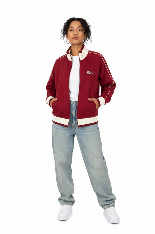 Veste de survêtement zippée raglan unisexe avec l’œuvre Peace in Ruins de Bandit représentant un aigle et une colombe autour d’un symbole de paix détruit. face rouge