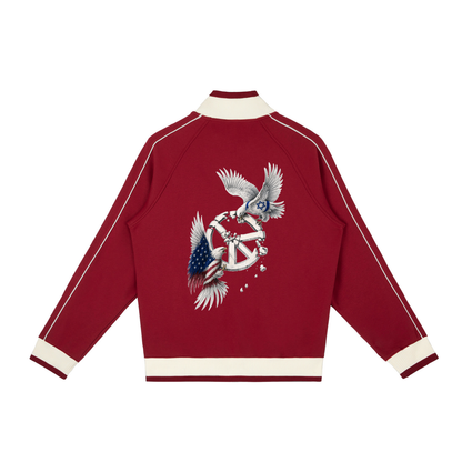 Veste de survêtement zippée raglan unisexe avec l’œuvre Peace in Ruins de Bandit représentant un aigle et une colombe autour d’un symbole de paix détruit. dos rouge