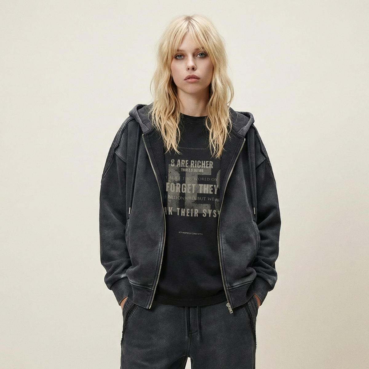 HOODIE ZIPPE UNISEXE OVERSIZE 100% COTON EPAIS – SNOW WASH 420 G/M²