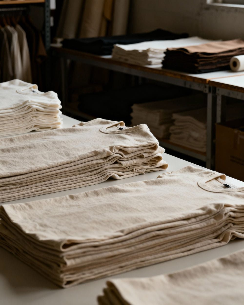 t-shirt dans une usine posés sur une table 