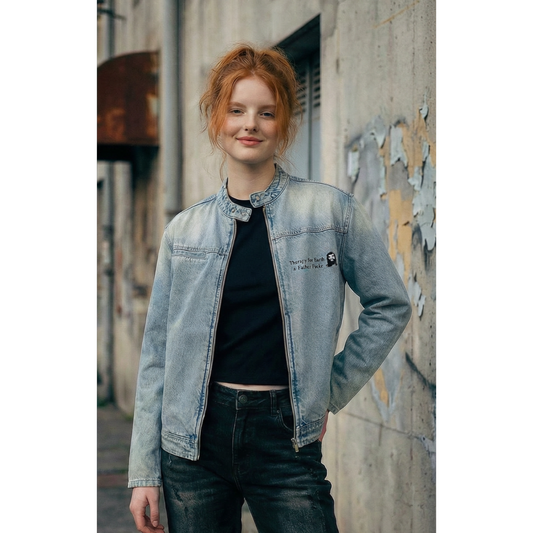 Femme en situation portant une magnifique veste en jean