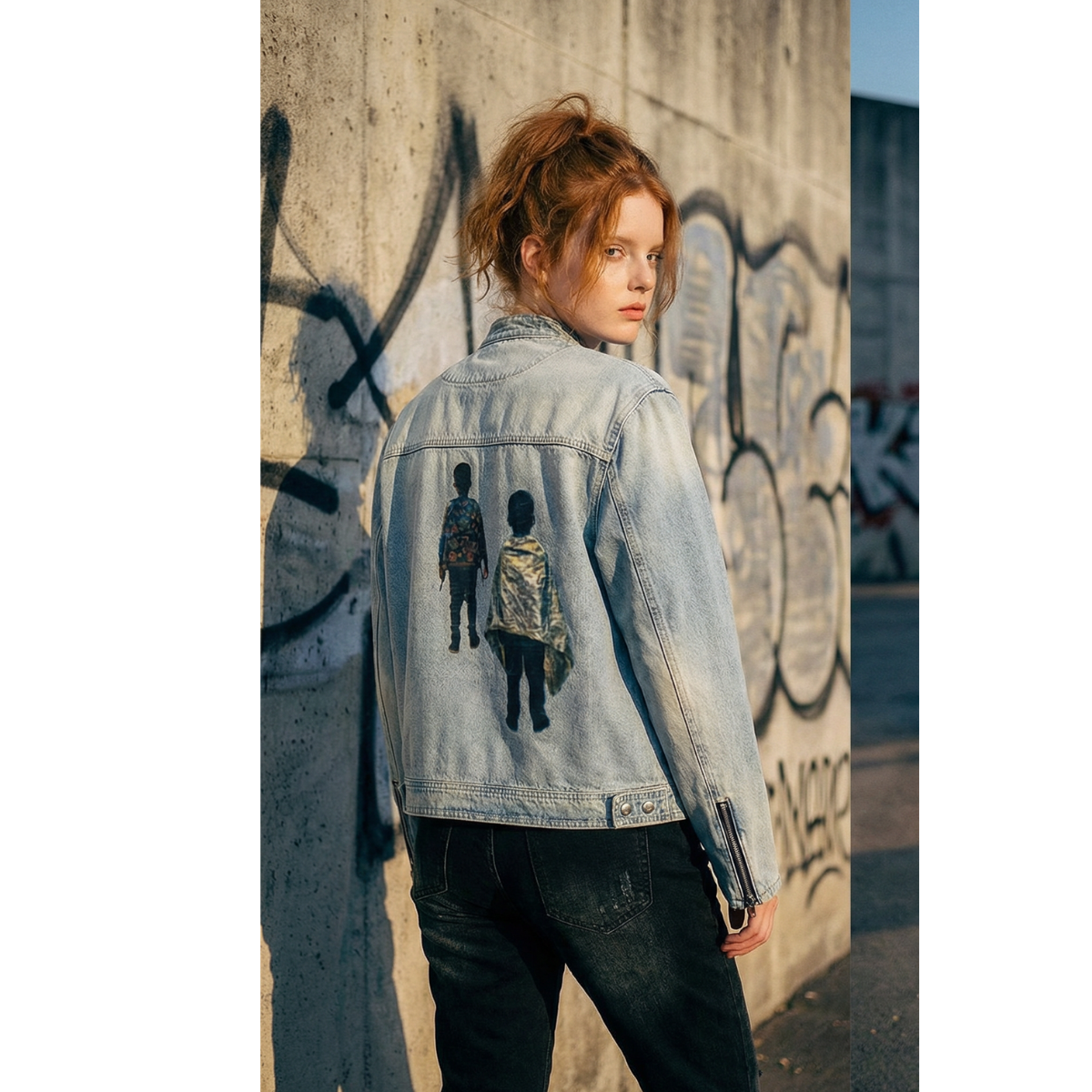 Veste en jean ethique sur une femme rousse 
