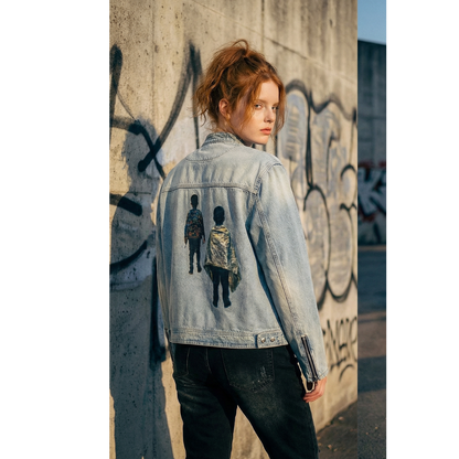 Veste en jean ethique sur une femme rousse 